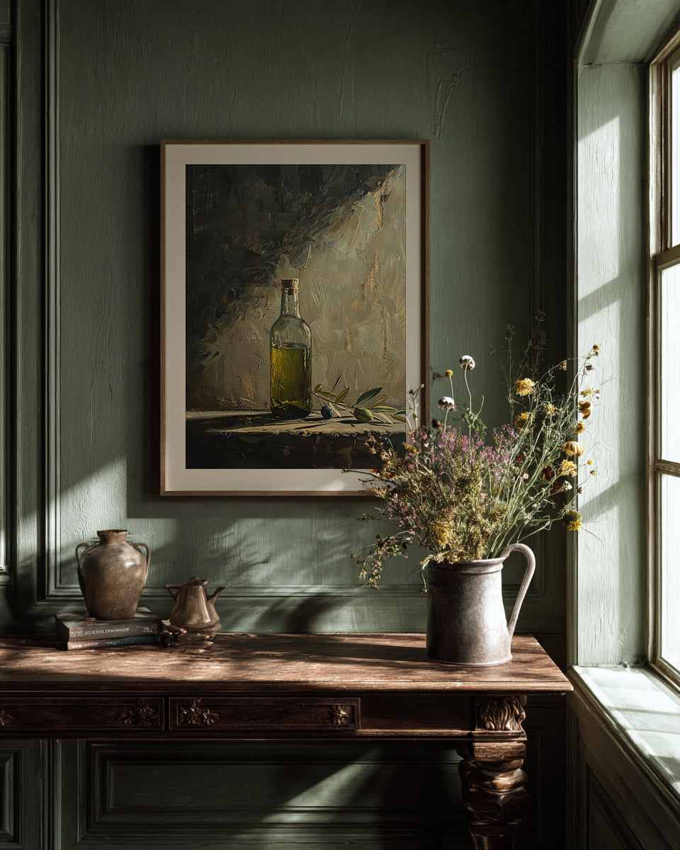 oil style still life painting of a bottle of olive oil with olives on a table, warm textured artwork in classical European style