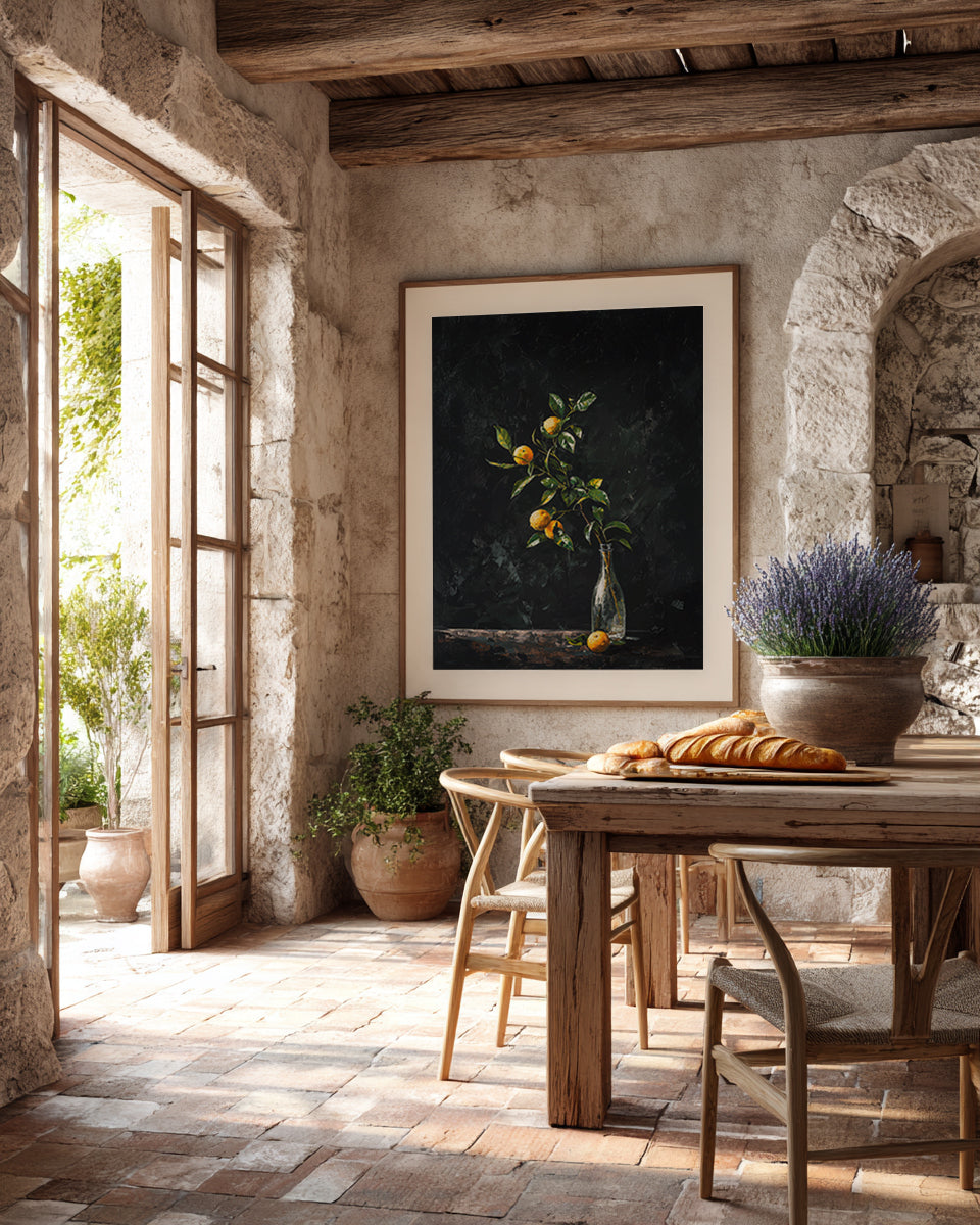 oil style still life painting of a lemon branch in a glass bottle on a dark background, classical textured artwork with vivid yellow citrus