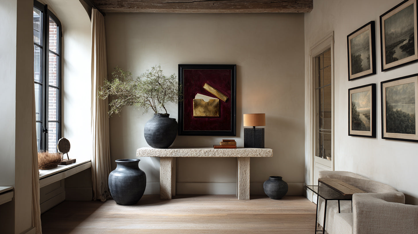 Modern interior with a stone console table, decorative items, and framed art on the wall.