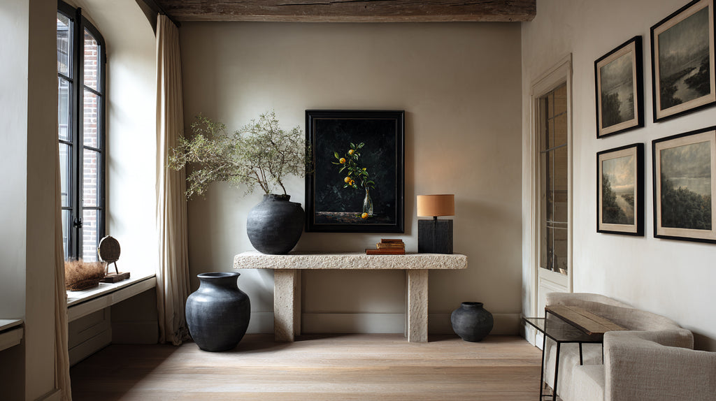 oil style still life painting of a lemon branch in a glass bottle on a dark background, classical textured artwork with vivid yellow citrus