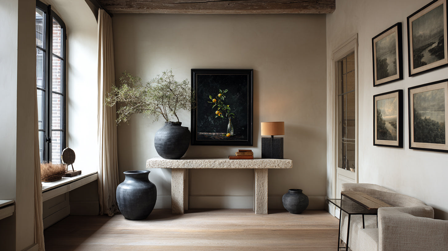 oil style still life painting of a lemon branch in a glass bottle on a dark background, classical textured artwork with vivid yellow citrus