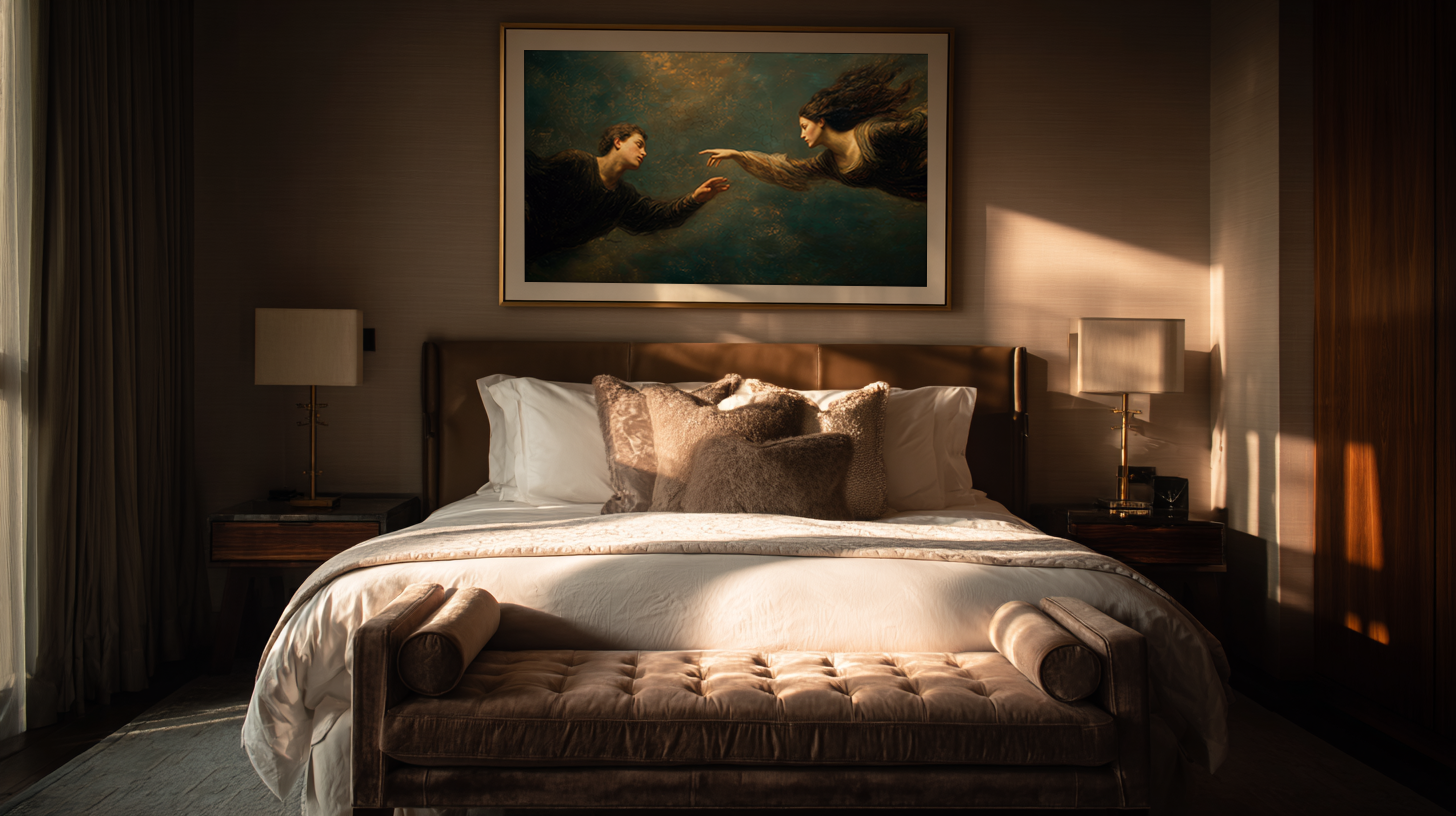 oil style landscape painting of a man reaching toward a woman in an ethereal scene, romantic figurative artwork inspired by classical frescoes, symbolising longing and emotional distance