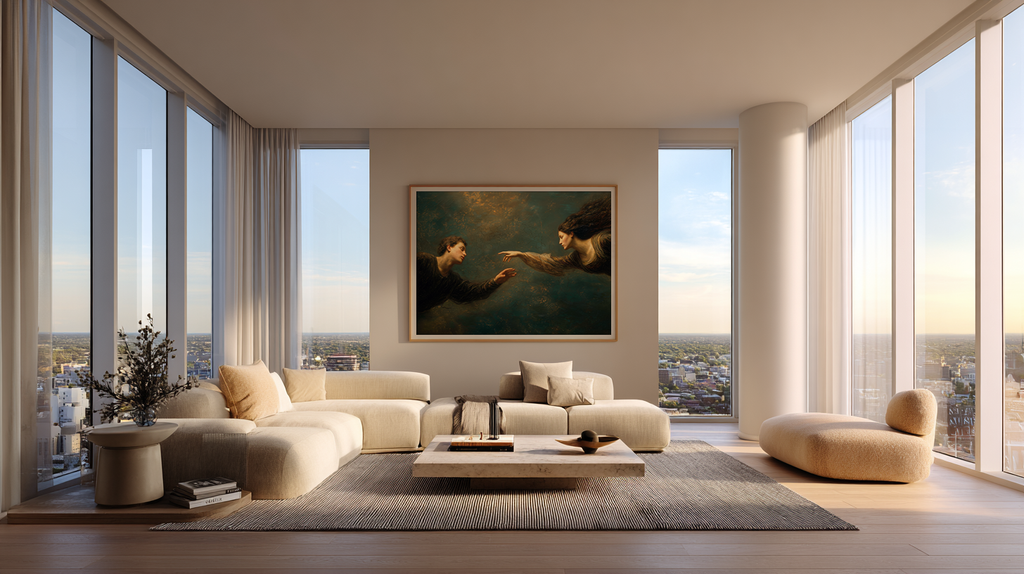 oil style landscape painting of a man reaching toward a woman in an ethereal scene, romantic figurative artwork inspired by classical frescoes, symbolising longing and emotional distance