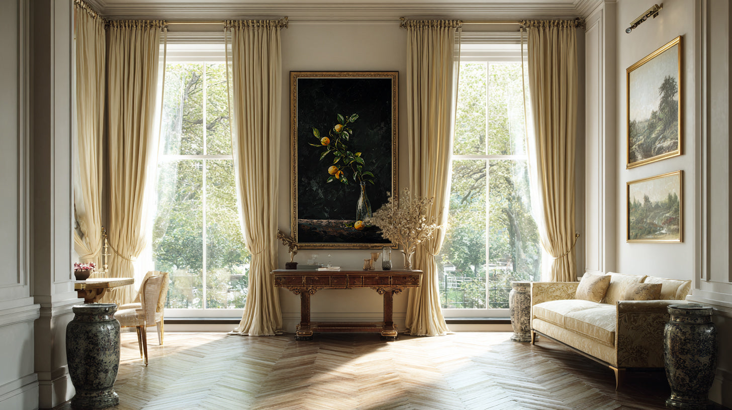 oil style still life painting of a lemon branch in a glass bottle on a dark background, classical textured artwork with vivid yellow citrus
