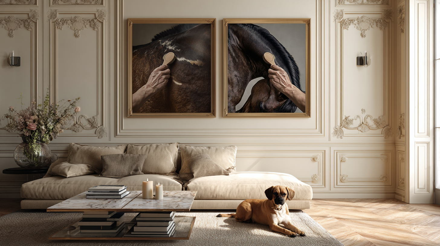 close up photograph of a horse’s crest being brushed by hand in soft studio lighting