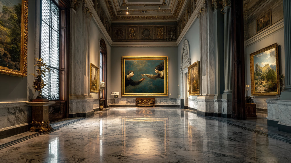 oil style landscape painting of a man reaching toward a woman in an ethereal scene, romantic figurative artwork inspired by classical frescoes, symbolising longing and emotional distance