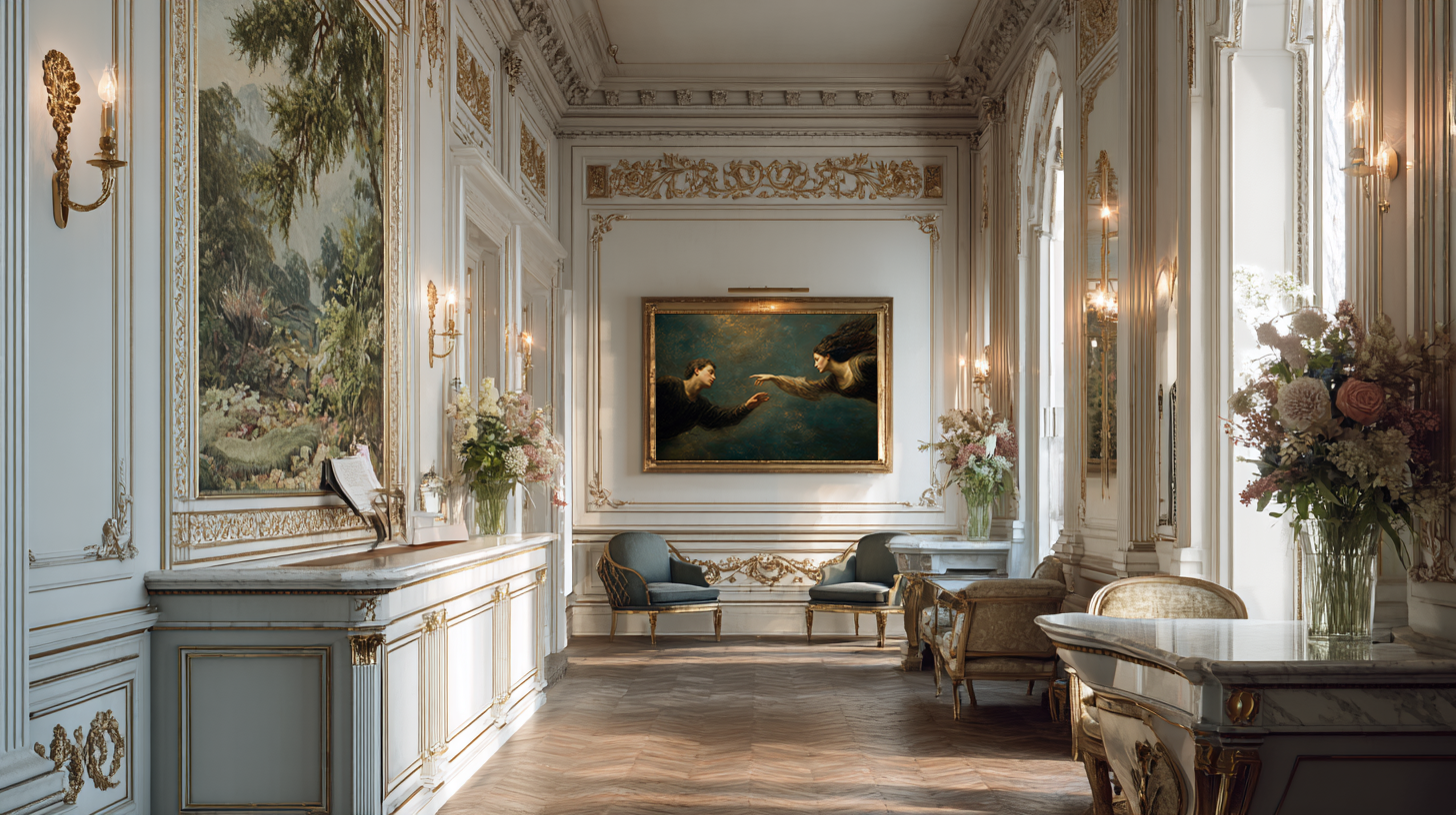 oil style landscape painting of a man reaching toward a woman in an ethereal scene, romantic figurative artwork inspired by classical frescoes, symbolising longing and emotional distance