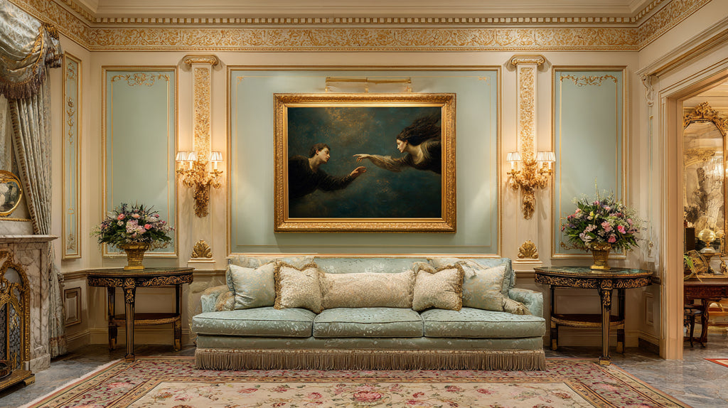 oil style landscape painting of a man reaching toward a woman in an ethereal scene, romantic figurative artwork inspired by classical frescoes, symbolising longing and emotional distance