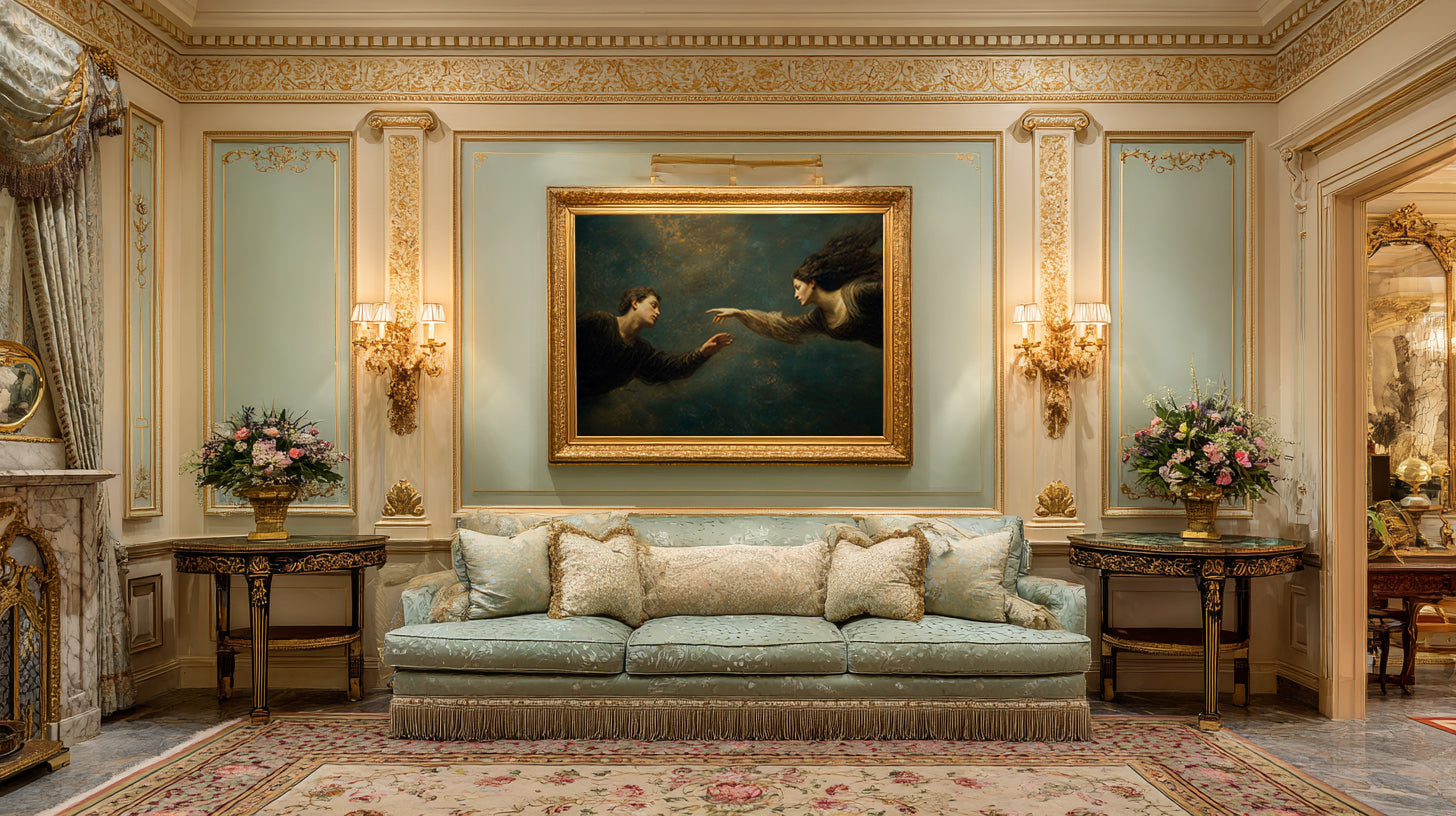 oil style landscape painting of a man reaching toward a woman in an ethereal scene, romantic figurative artwork inspired by classical frescoes, symbolising longing and emotional distance