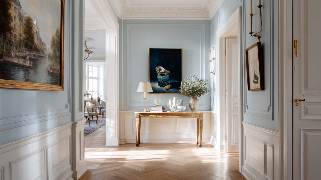 luxury still life oil painting of an oyster on ice in a blue cut glass vessel with lemon slice, dark moody background, elegant wall art
