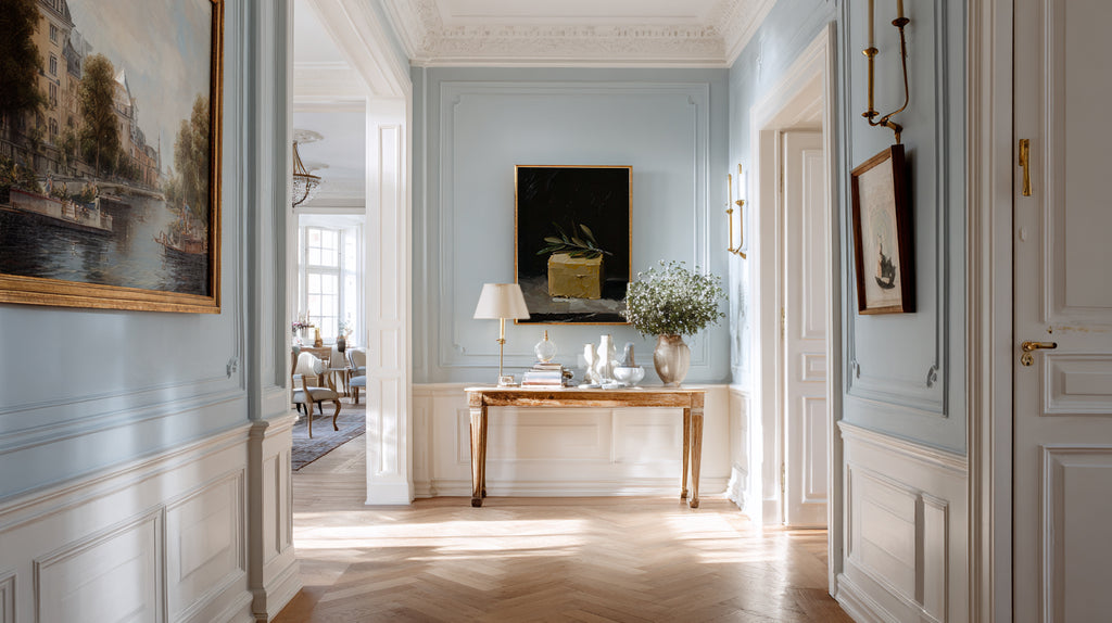 oil style still life painting of a butter block topped with an olive branch on a dark background, classical textured artwork with warm light