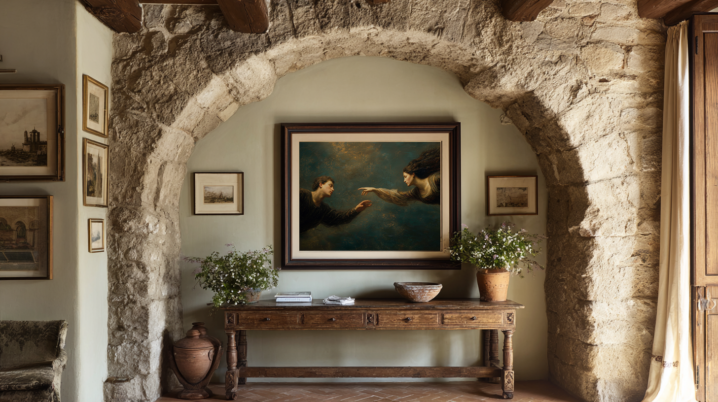 oil style landscape painting of a man reaching toward a woman in an ethereal scene, romantic figurative artwork inspired by classical frescoes, symbolising longing and emotional distance