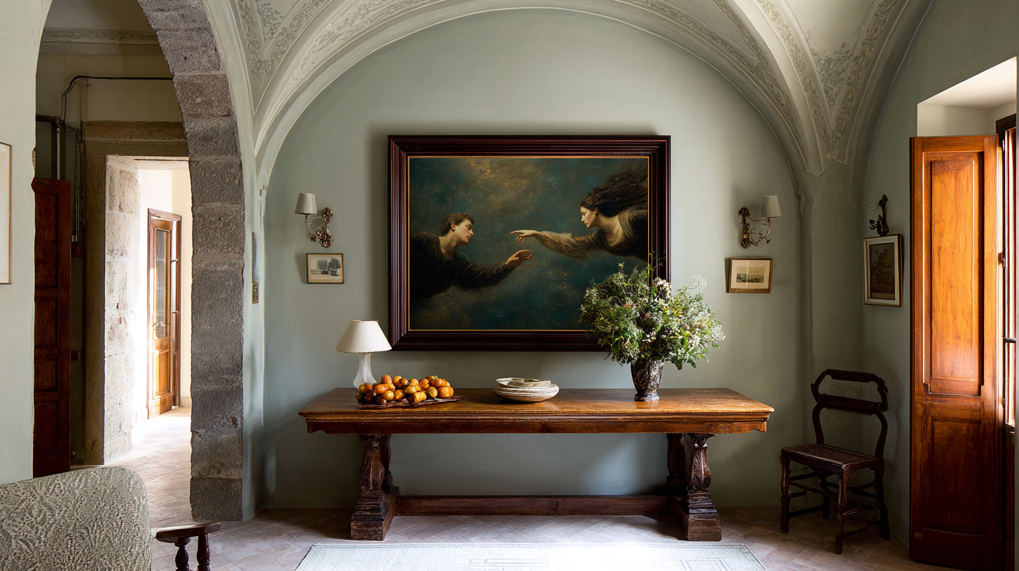 oil style landscape painting of a man reaching toward a woman in an ethereal scene, romantic figurative artwork inspired by classical frescoes, symbolising longing and emotional distance