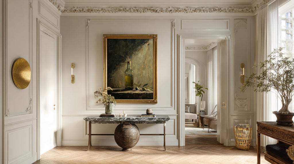 oil style still life painting of a bottle of olive oil with olives on a table, warm textured artwork in classical European style