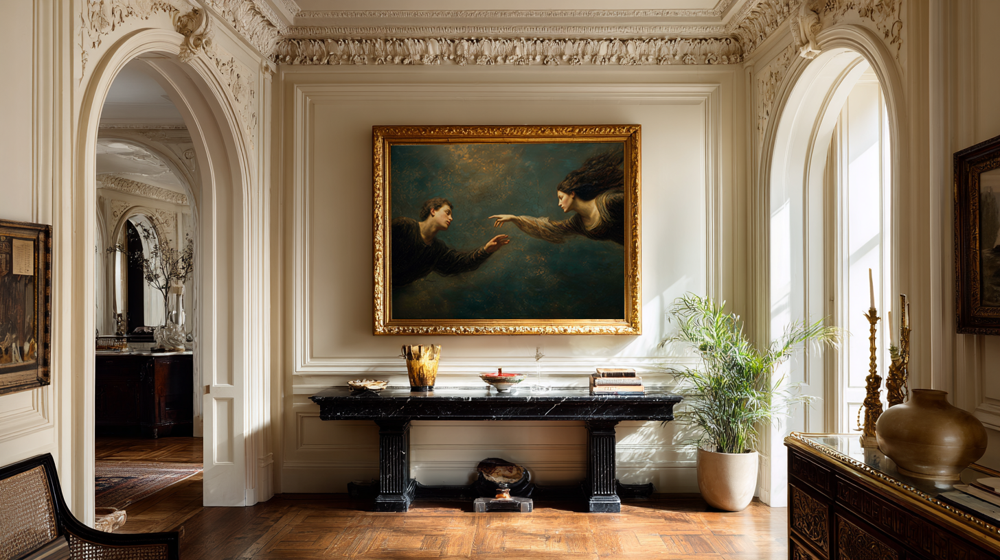 oil style landscape painting of a man reaching toward a woman in an ethereal scene, romantic figurative artwork inspired by classical frescoes, symbolising longing and emotional distance