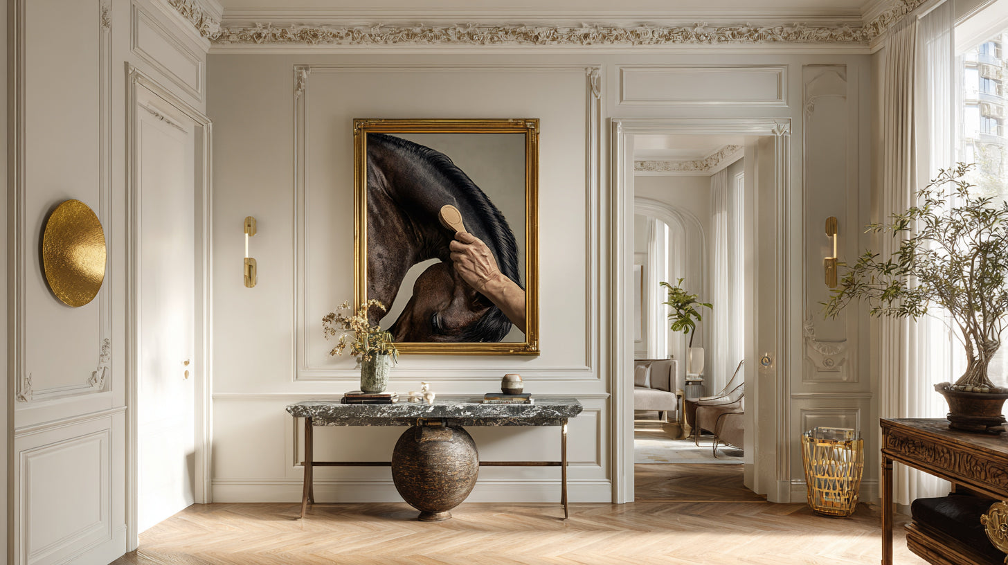 close up photograph of a horse’s crest being brushed by hand in soft studio lighting