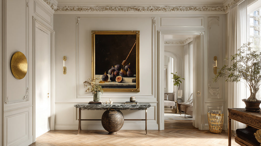oil style still life painting of figs on marble with honey dripping from a wooden dipper, dark background and rich classical lighting