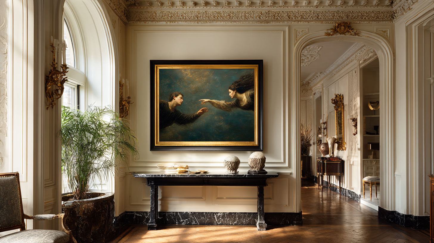 oil style landscape painting of a man reaching toward a woman in an ethereal scene, romantic figurative artwork inspired by classical frescoes, symbolising longing and emotional distance