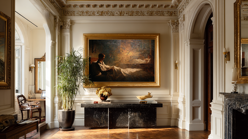 romantic oil style figurative painting showing a man in lamplight and a woman in shadow, cinematic artwork exploring loneliness, emotional distance and modern relationships