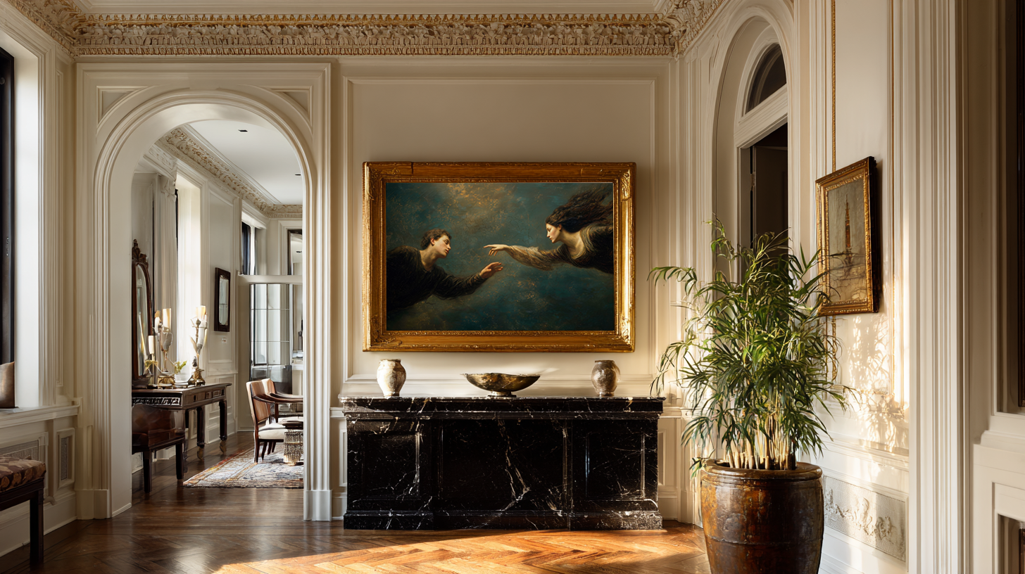 oil style landscape painting of a man reaching toward a woman in an ethereal scene, romantic figurative artwork inspired by classical frescoes, symbolising longing and emotional distance