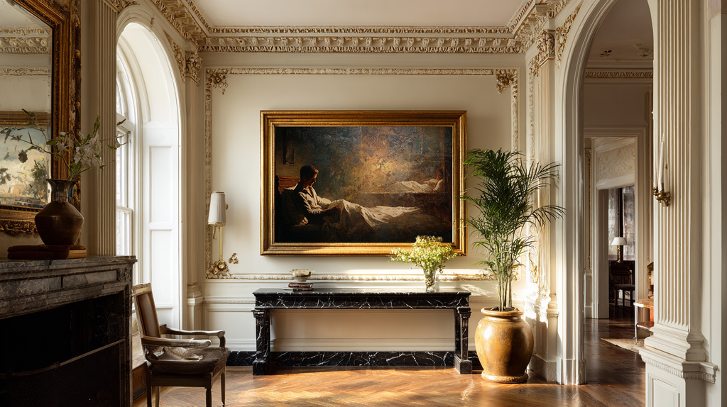 Romantic oil style painting of a man in warm lamplight and a woman resting in soft shadows across the room, cinematic landscape composition.