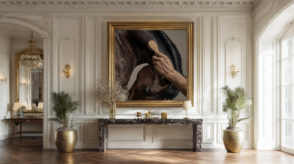 close up photograph of a horse’s crest being brushed by hand in soft studio lighting