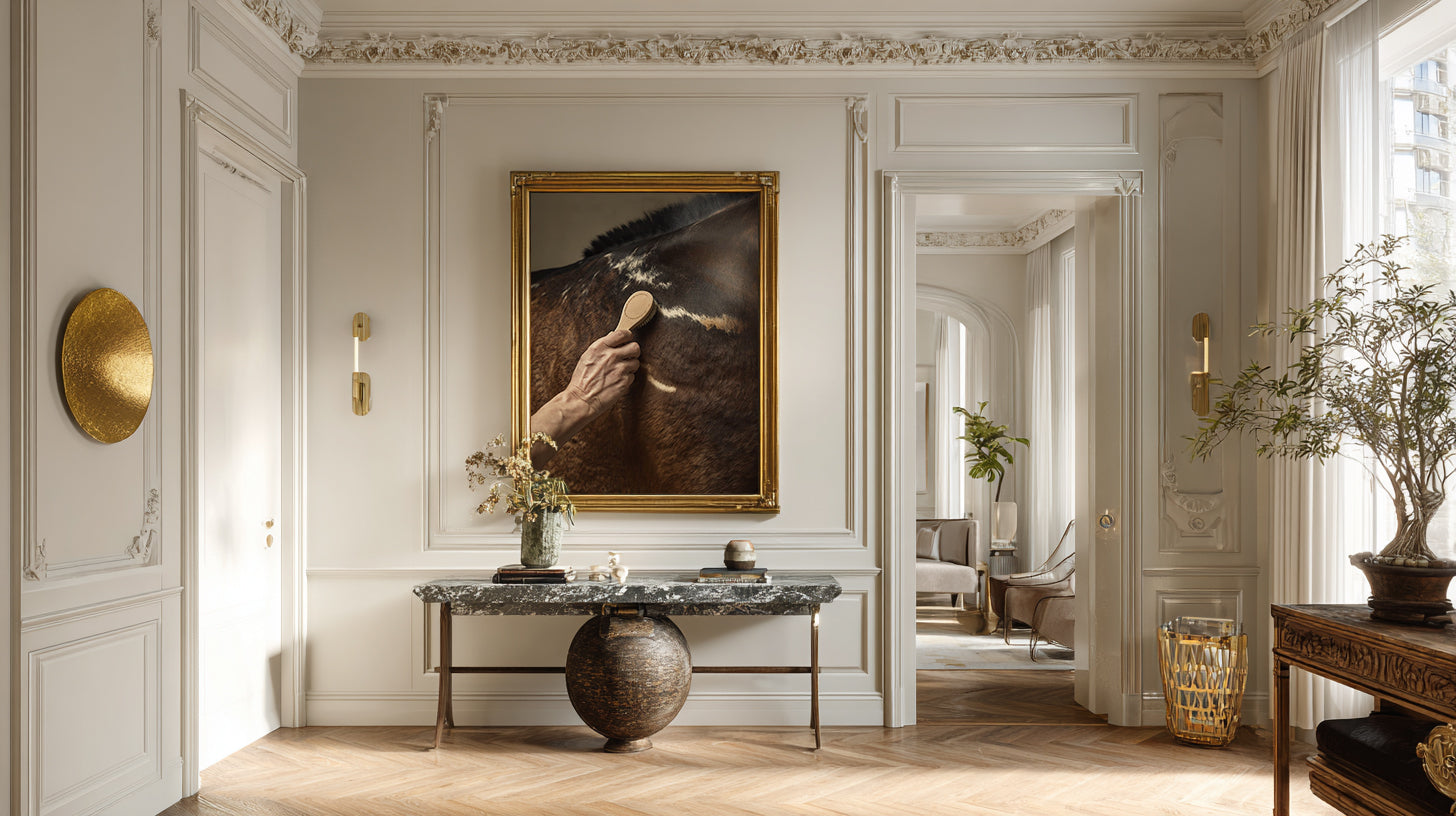close up photograph of a horse’s shoulder being brushed by hand in soft studio lighting