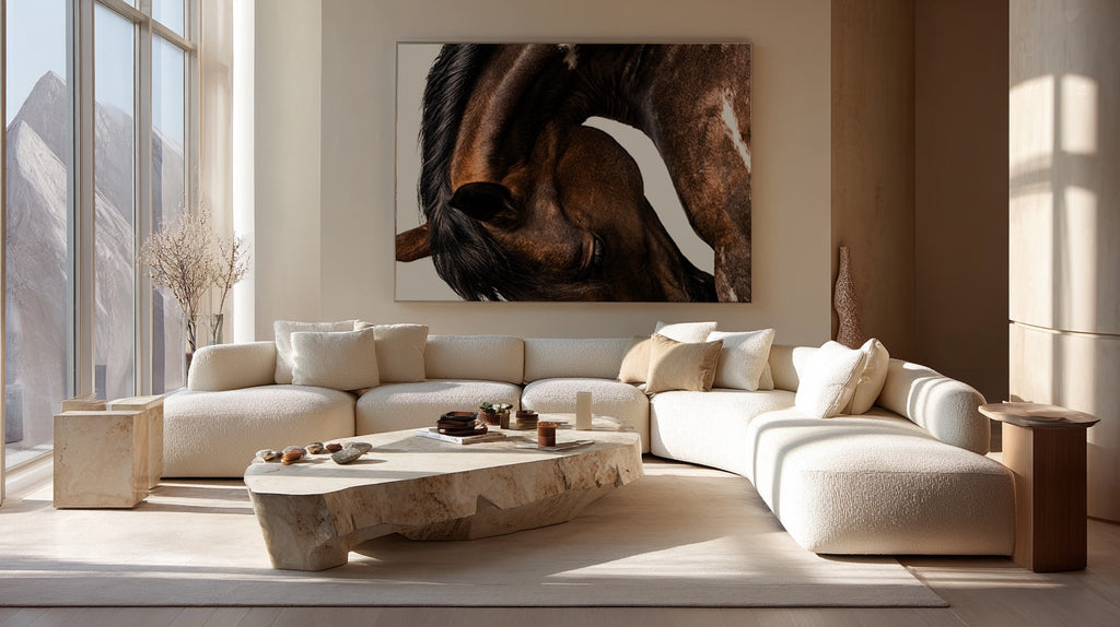 close up photograph of a horse lowering its head in a graceful bow, showing the curved neck and soft lighting
