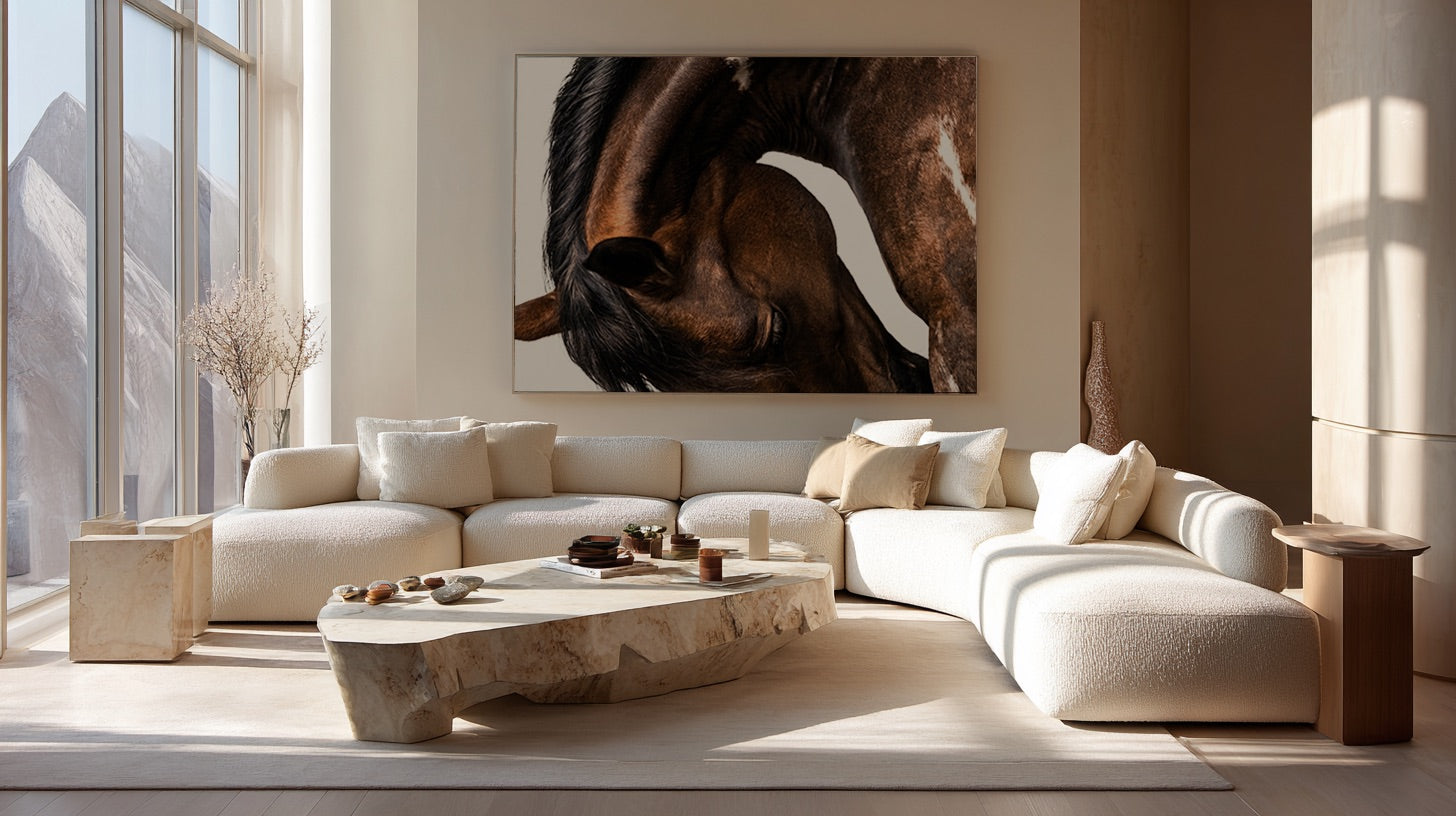 close up photograph of a horse lowering its head in a graceful bow, showing the curved neck and soft lighting
