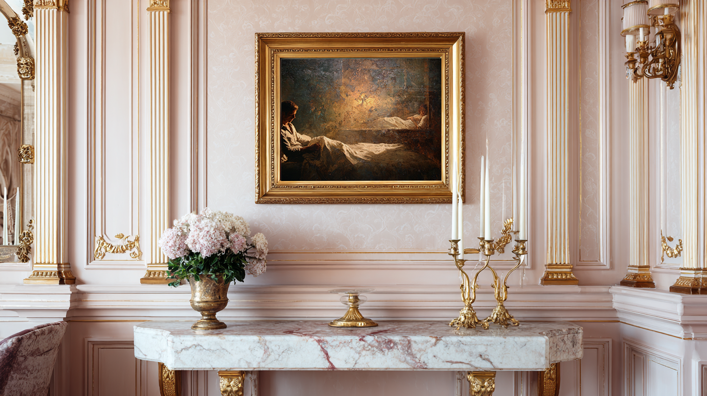 romantic oil style figurative painting showing a man in lamplight and a woman in shadow, cinematic artwork exploring loneliness, emotional distance and modern relationships