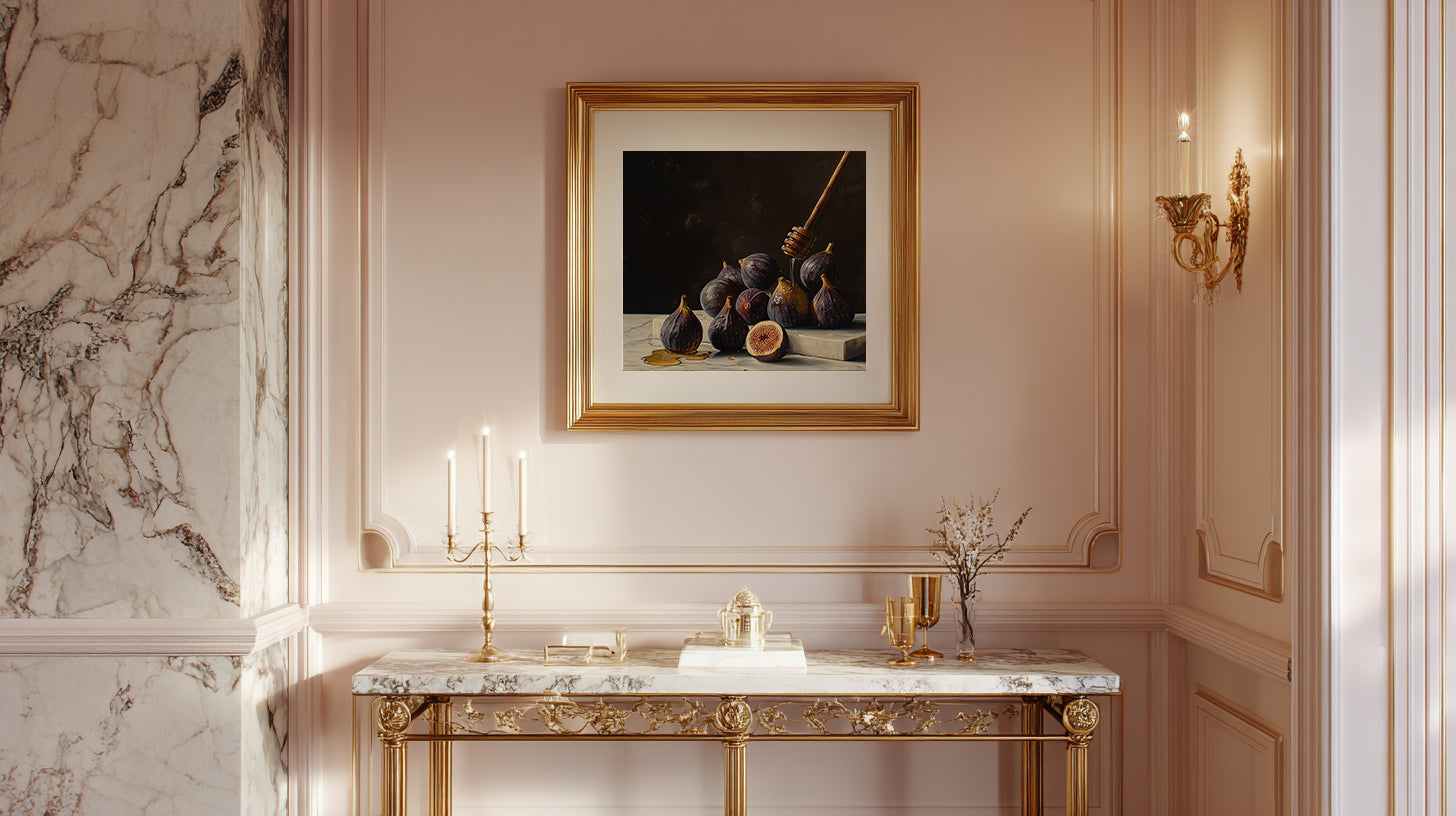 oil style still life painting of figs on marble with honey dripping from a wooden dipper, dark background and rich classical lighting
