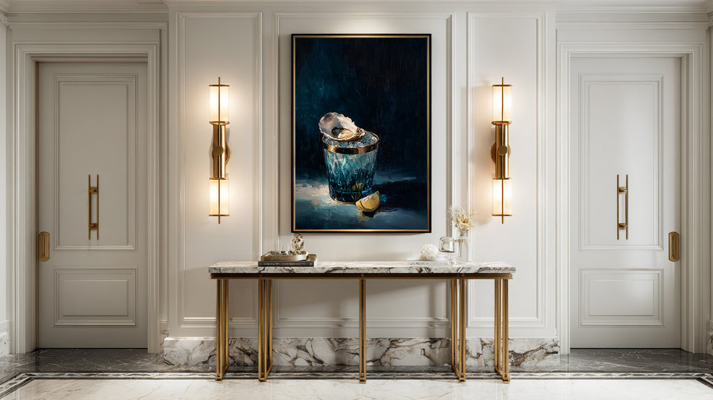 luxury still life oil painting of an oyster on ice in a blue cut glass vessel with lemon slice, dark moody background, elegant wall art
