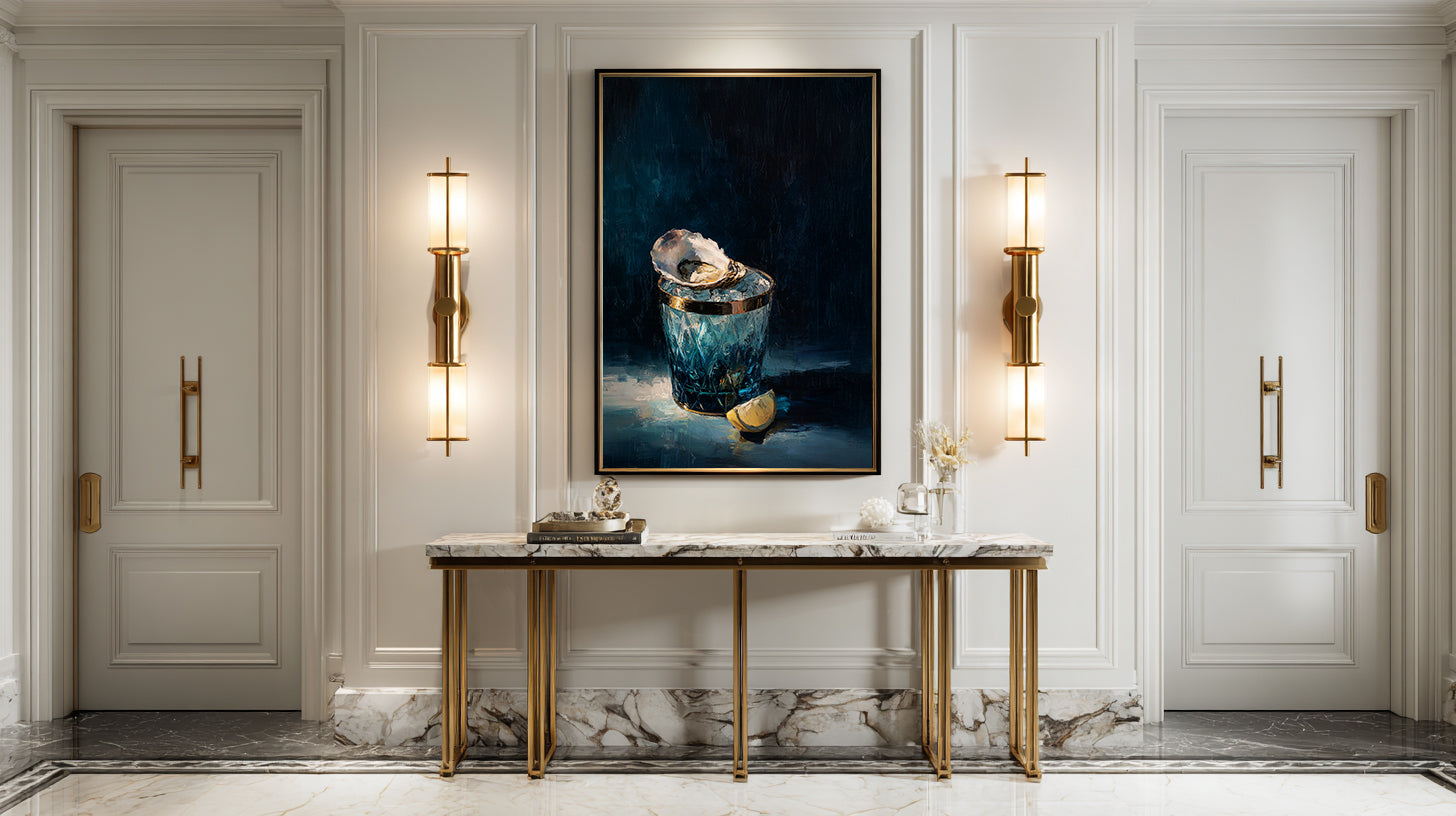 luxury still life oil painting of an oyster on ice in a blue cut glass vessel with lemon slice, dark moody background, elegant wall art

