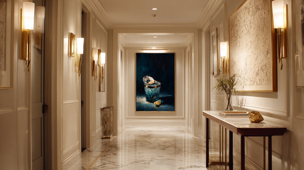 luxury still life oil painting of an oyster on ice in a blue cut glass vessel with lemon slice, dark moody background, elegant wall art
