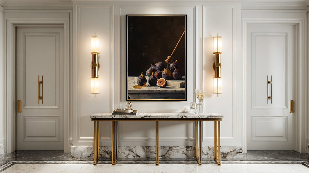 oil style still life painting of figs on marble with honey dripping from a wooden dipper, dark background and rich classical lighting