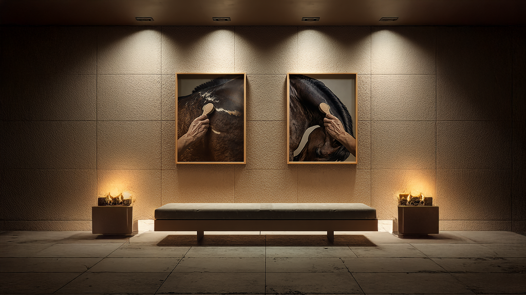 close up photograph of a horse’s shoulder being brushed by hand in soft studio lighting