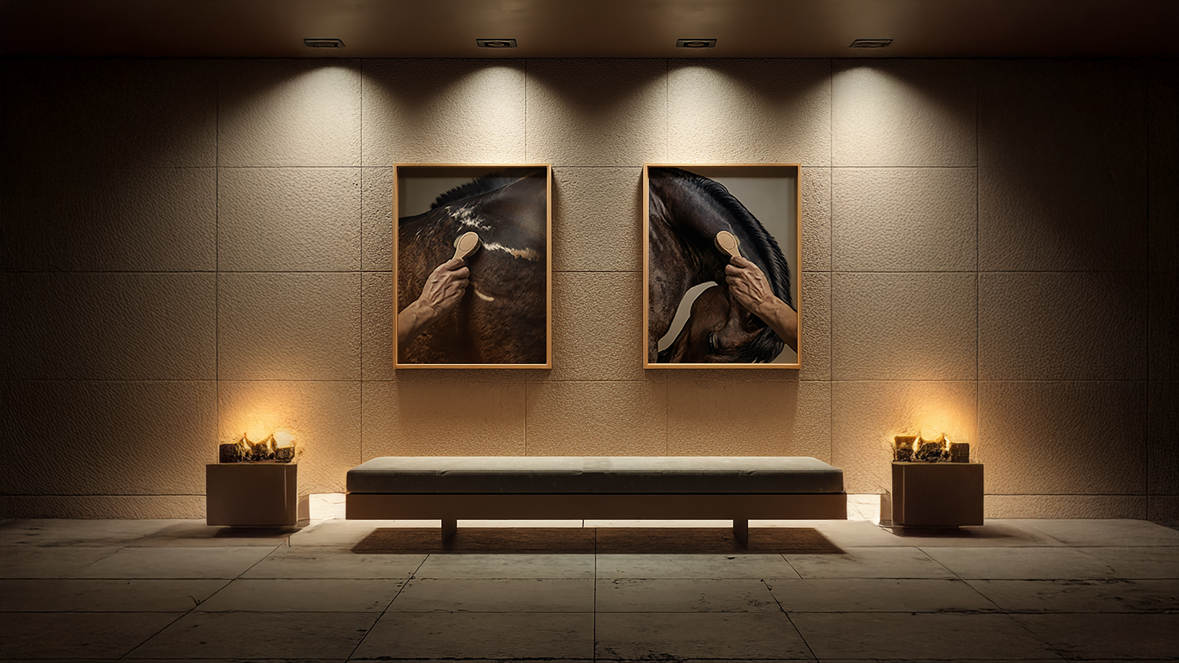 close up photograph of a horse’s shoulder being brushed by hand in soft studio lighting