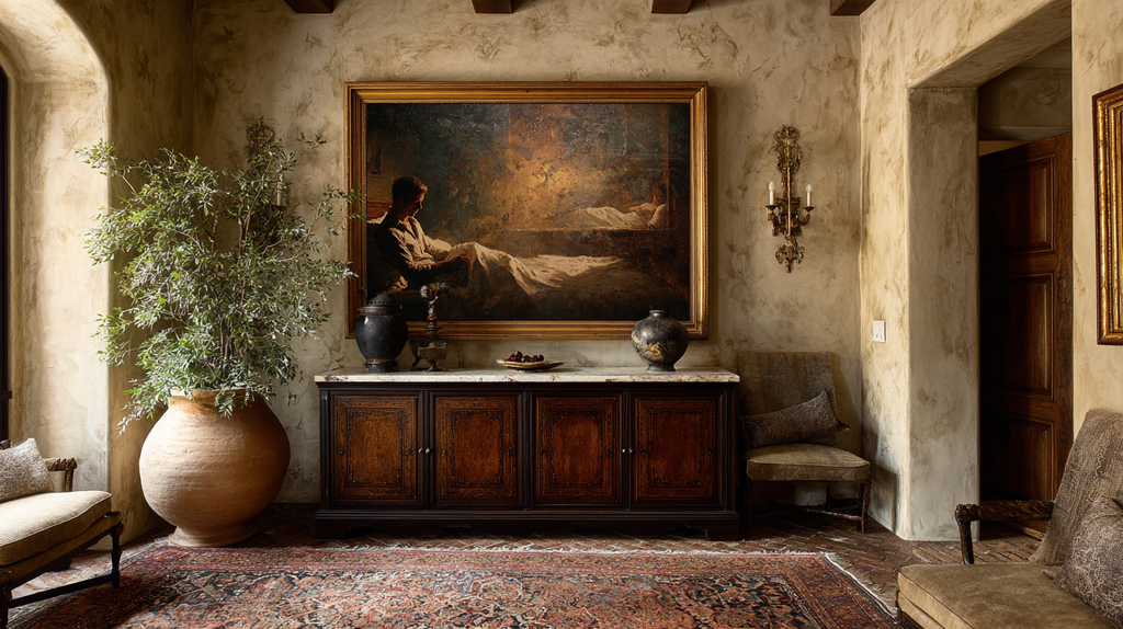 romantic oil style figurative painting showing a man in lamplight and a woman in shadow, cinematic artwork exploring loneliness, emotional distance and modern relationships