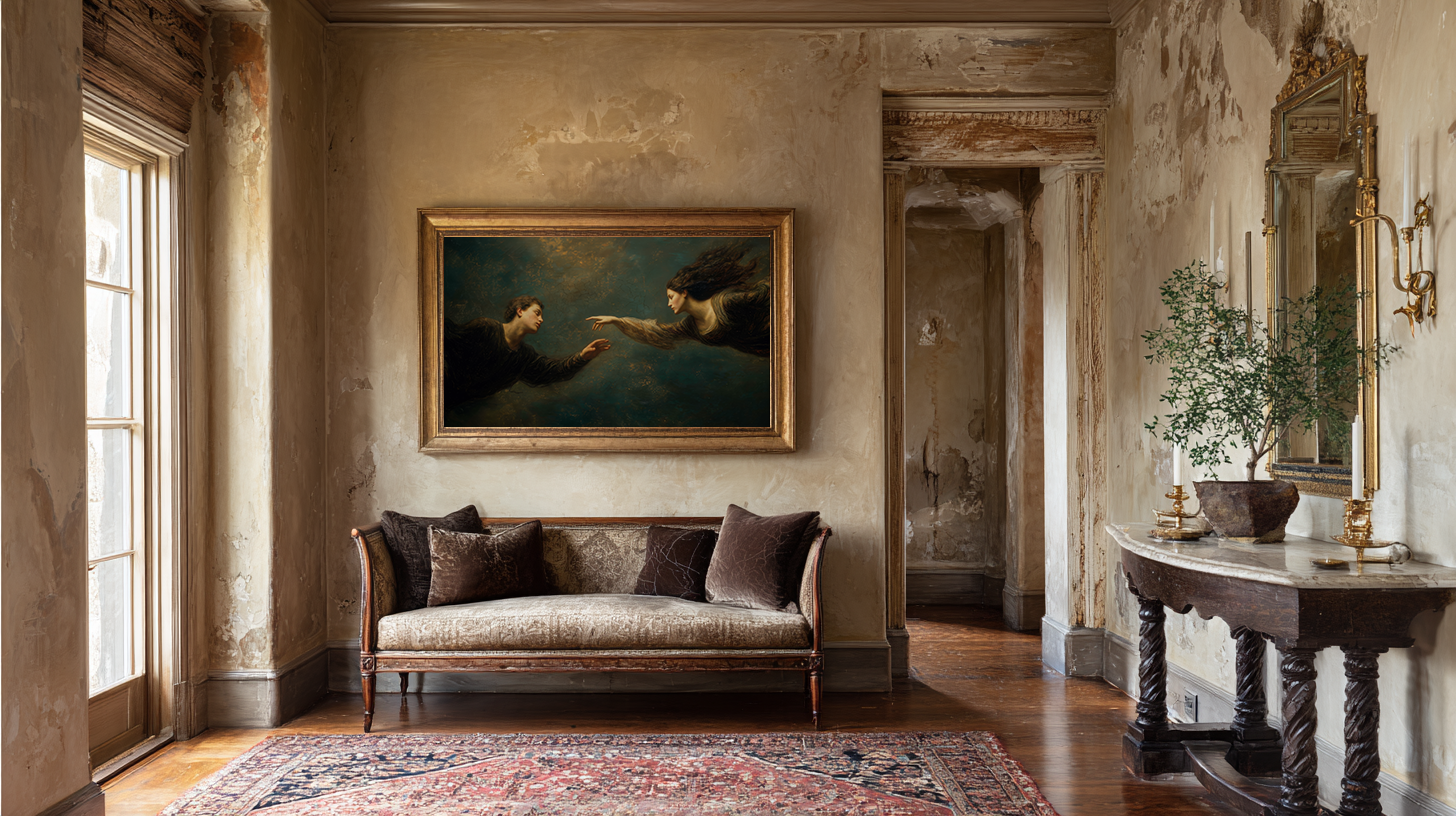 oil style landscape painting of a man reaching toward a woman in an ethereal scene, romantic figurative artwork inspired by classical frescoes, symbolising longing and emotional distance