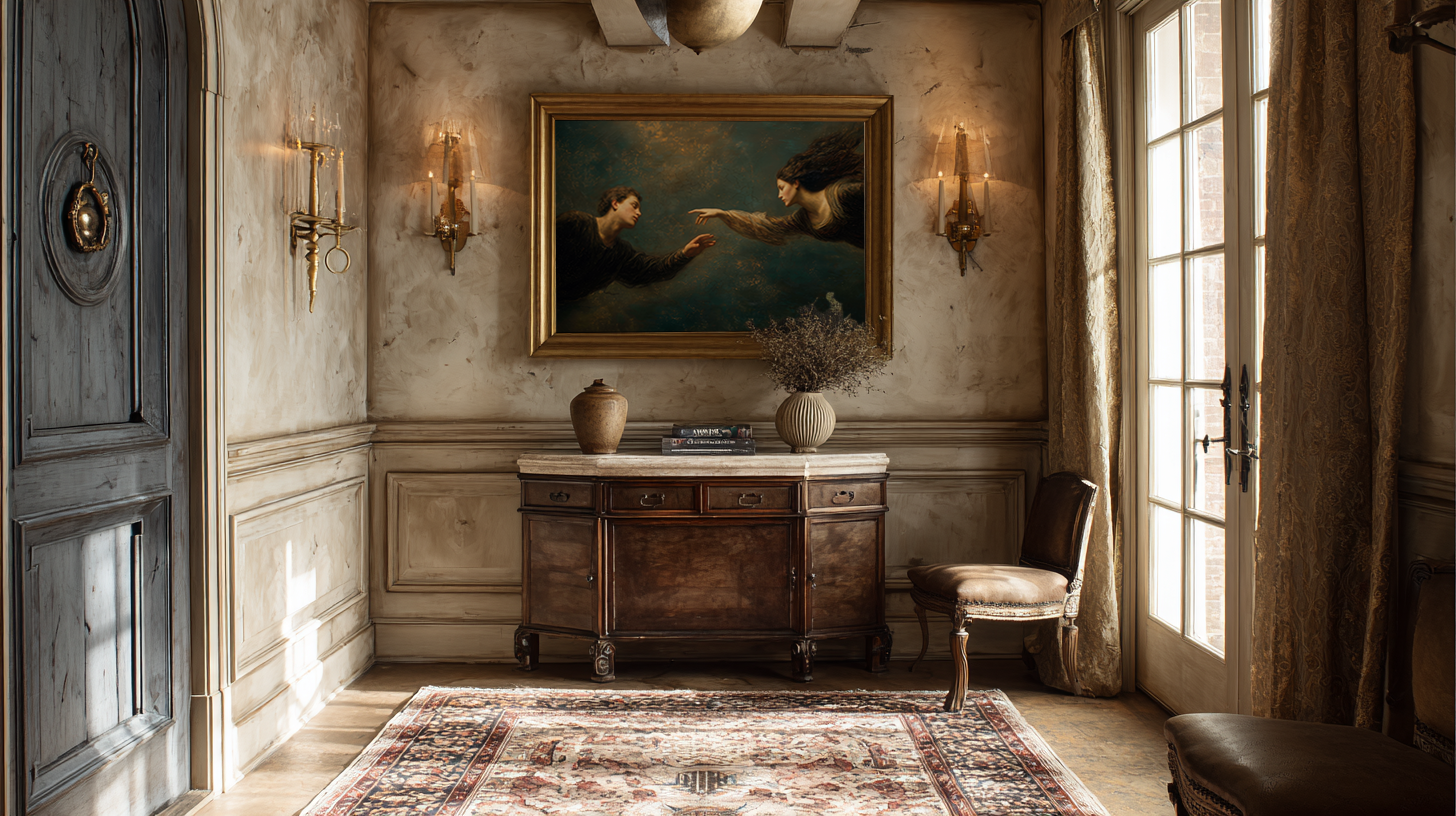 oil style landscape painting of a man reaching toward a woman in an ethereal scene, romantic figurative artwork inspired by classical frescoes, symbolising longing and emotional distance