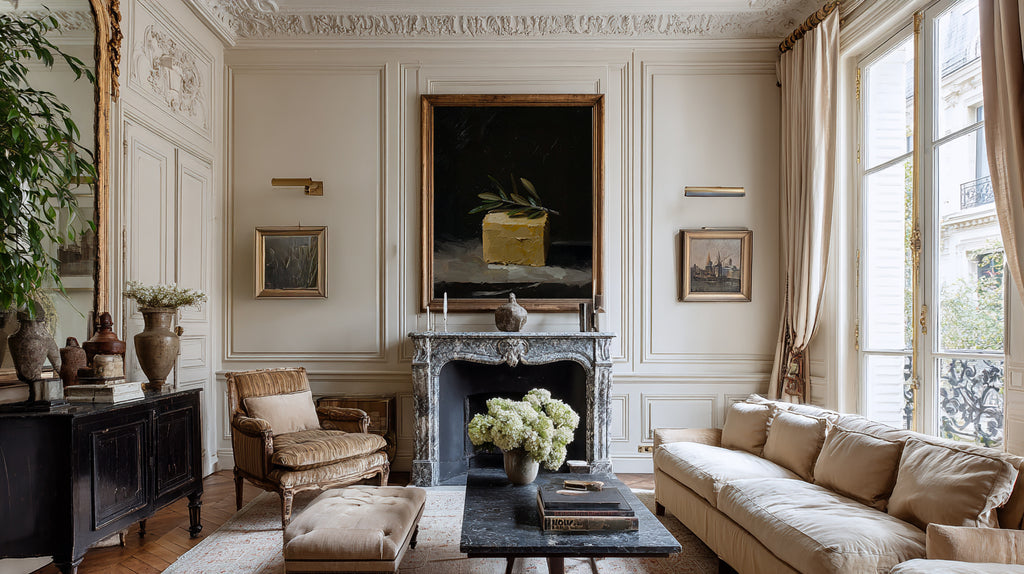 oil style still life painting of a butter block topped with an olive branch on a dark background, classical textured artwork with warm light
