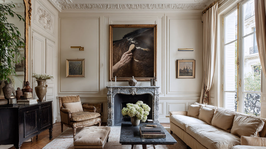 close up photograph of a horse’s shoulder being brushed by hand in soft studio lighting