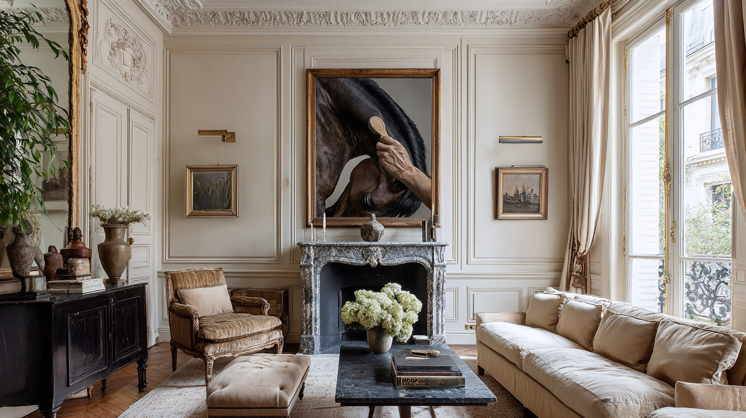 close up photograph of a horse’s crest being brushed by hand in soft studio lighting