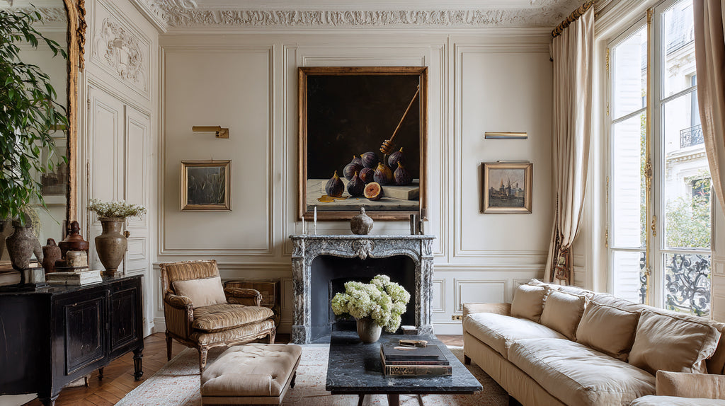 oil style still life painting of figs on marble with honey dripping from a wooden dipper, dark background and rich classical lighting