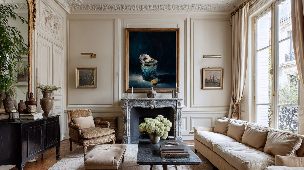 luxury still life oil painting of an oyster on ice in a blue cut glass vessel with lemon slice, dark moody background, elegant wall art
