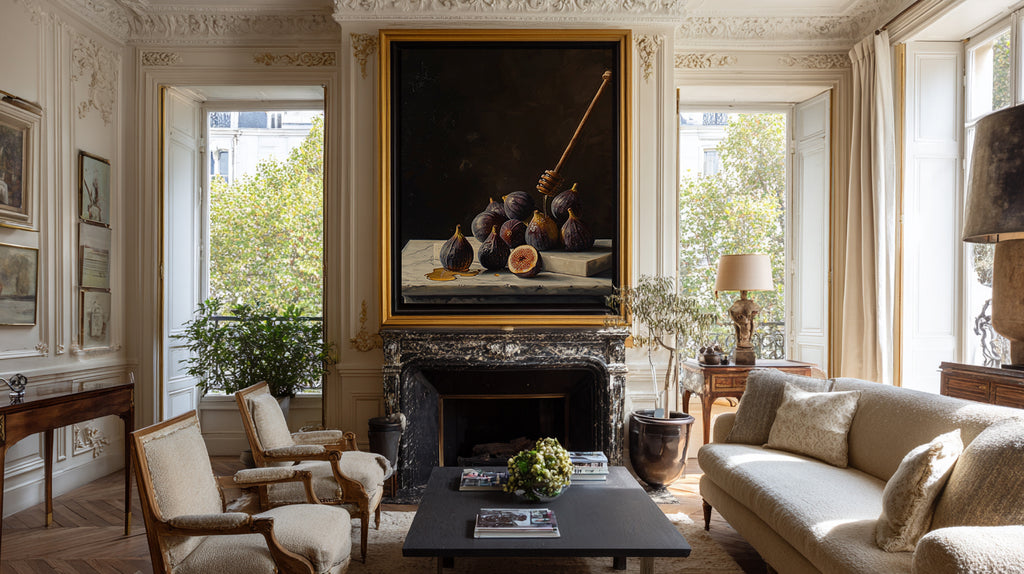 oil style still life painting of figs on marble with honey dripping from a wooden dipper, dark background and rich classical lighting