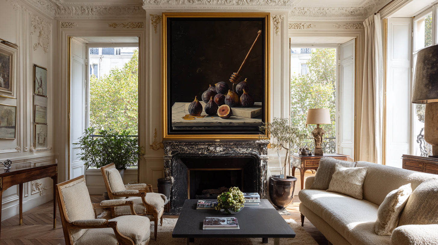 oil style still life painting of figs on marble with honey dripping from a wooden dipper, dark background and rich classical lighting