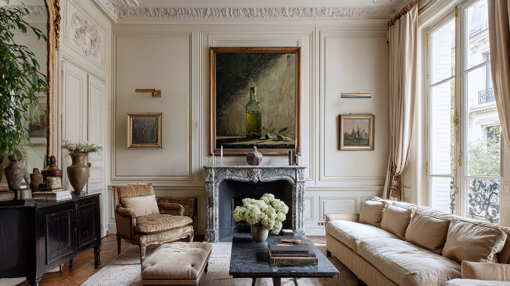 oil style still life painting of a bottle of olive oil with olives on a table, warm textured artwork in classical European style