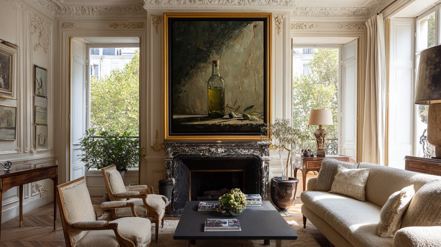oil style still life painting of a bottle of olive oil with olives on a table, warm textured artwork in classical European style