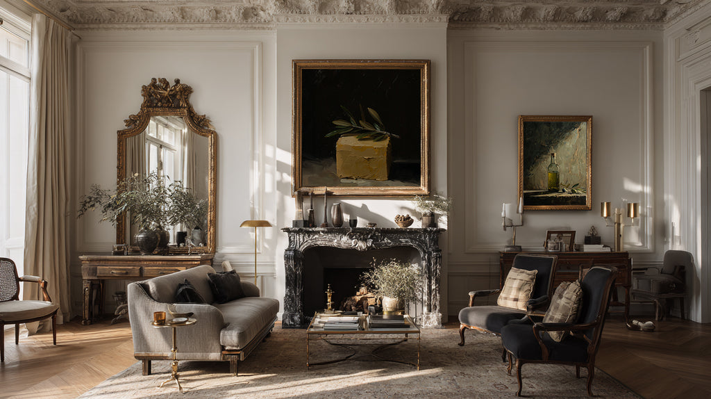 oil style still life painting of a butter block topped with an olive branch on a dark background, classical textured artwork with warm light
